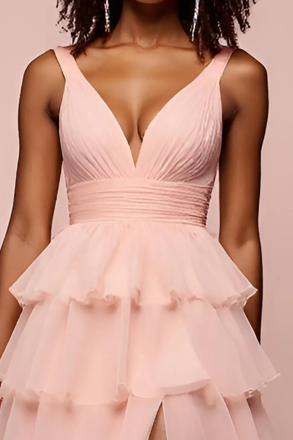 Rosa V Neck Tiered Organza Long Prom Dress com Fenda