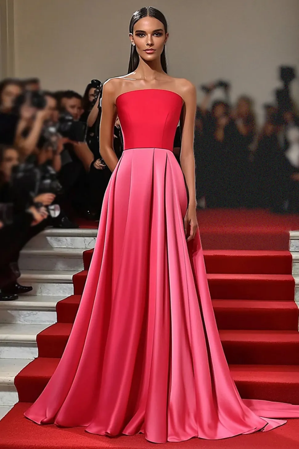 Rosa Vermelho Uma Linha Straight Ruched Vestido de Gala Cetim