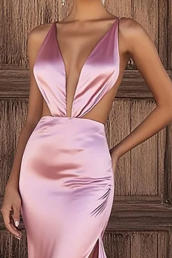 Rosa V-Neck bainha cortada longo vestido de baile com fenda