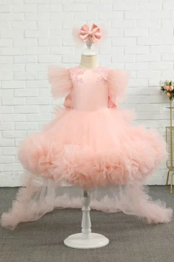 Rosa-alto-baixo tulle flor menina vestido com arco