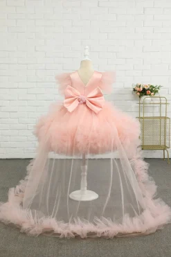 Rosa-alto-baixo tulle flor menina vestido com arco