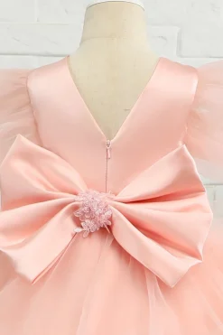 Rosa-alto-baixo tulle flor menina vestido com arco