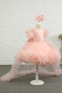 Rosa-alto-baixo tulle flor menina vestido com arco