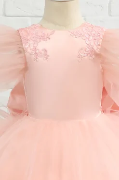Rosa-alto-baixo tulle flor menina vestido com arco