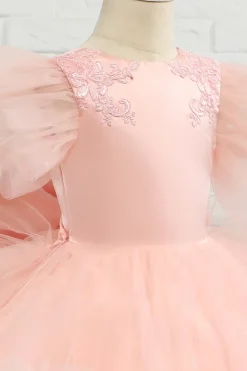 Rosa-alto-baixo tulle flor menina vestido com arco