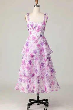 Roxa Floral Linha-A Babados Longos Vestidos Para Casamento Convidada