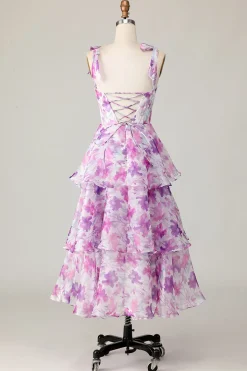 Roxa Floral Linha-A Babados Longos Vestidos Para Casamento Convidada