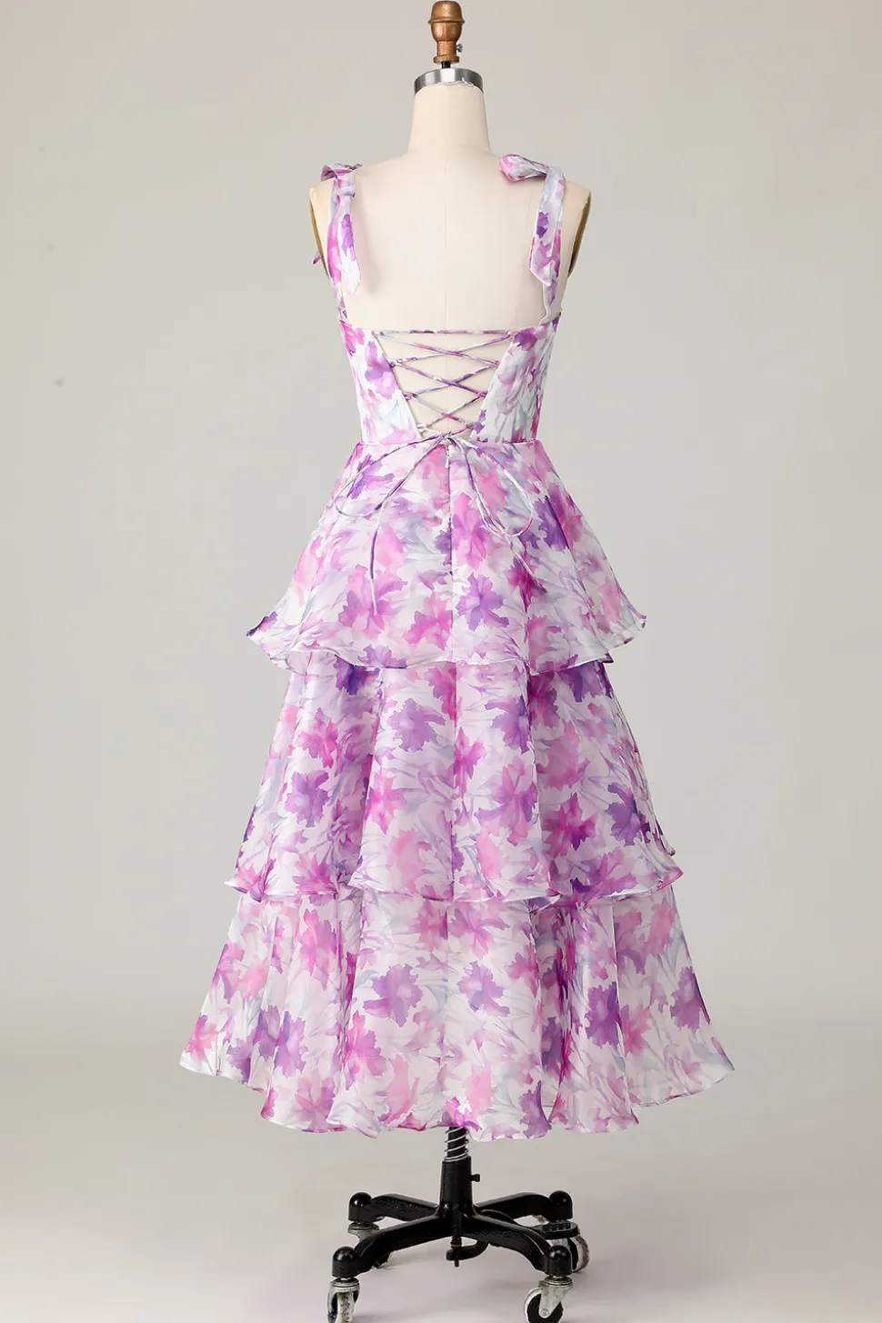 Roxa Floral Linha-A Babados Longos Vestidos Para Casamento Convidada
