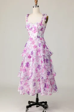 Roxa Floral Linha-A Babados Longos Vestidos Para Casamento Convidada