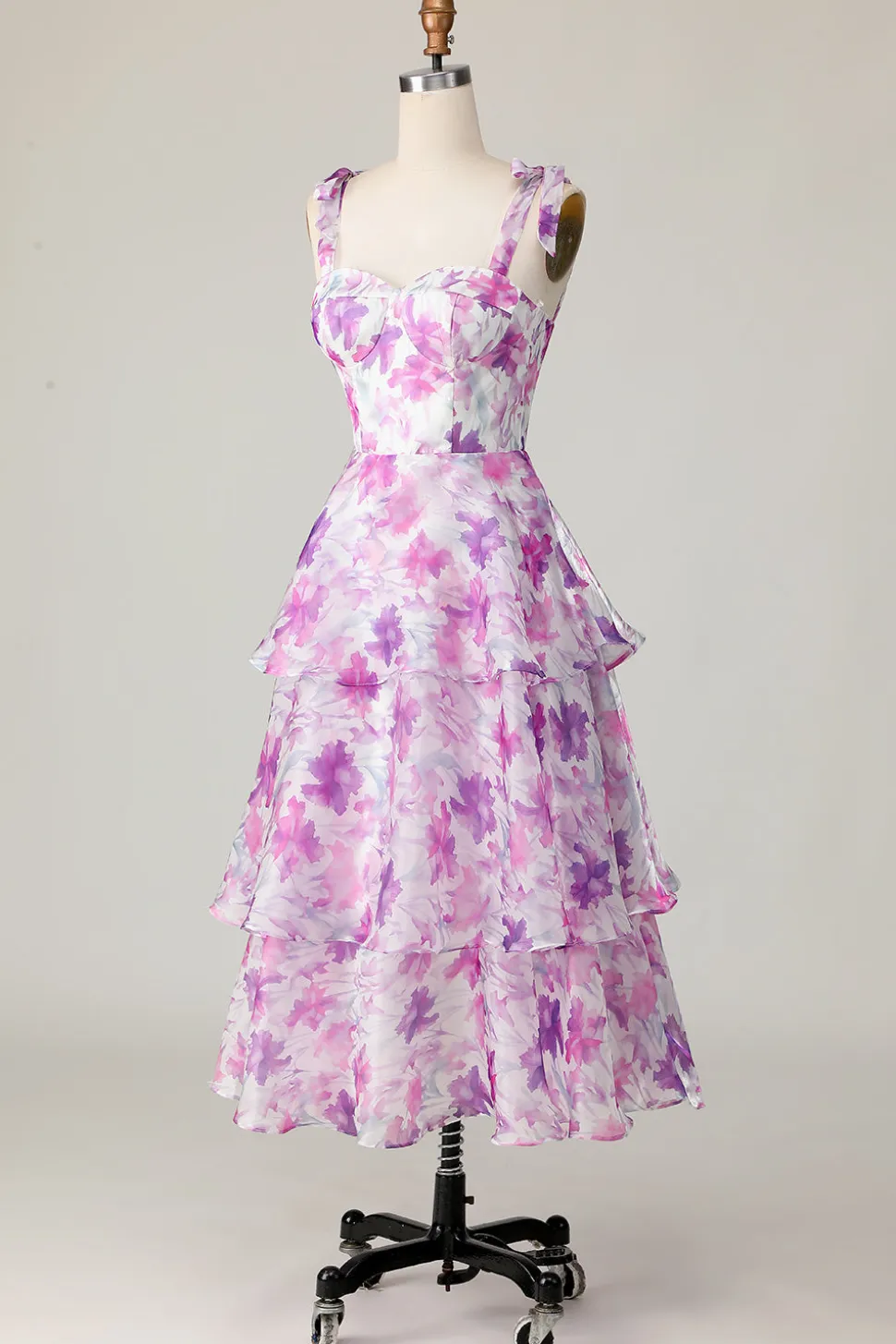 Roxa Floral Linha-A Babados Longos Vestidos Para Casamento Convidada