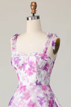 Roxa Floral Linha-A Babados Longos Vestidos Para Casamento Convidada
