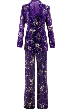 Roxo 2 Peça Notched Lapela Mulheres Prom Ternos com mangas