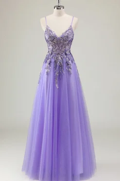 Roxo A Line Espaghetti Correias Lantejoulas Tule Vestido de Baile com Apliques