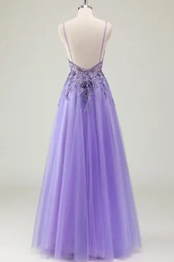 Roxo A Line Espaghetti Correias Lantejoulas Tule Vestido de Baile com Apliques
