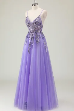 Roxo A Line Espaghetti Correias Lantejoulas Tule Vestido de Baile com Apliques