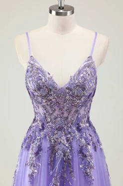 Roxo A Line Espaghetti Correias Lantejoulas Tule Vestido de Baile com Apliques