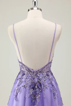 Roxo A Line Espaghetti Correias Lantejoulas Tule Vestido de Baile com Apliques