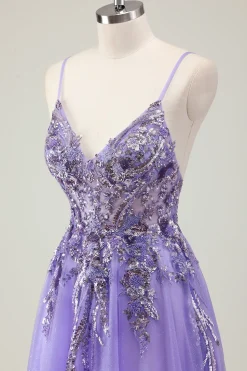 Roxo A Line Espaghetti Correias Lantejoulas Tule Vestido de Baile com Apliques