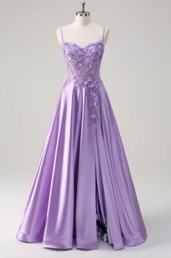 Roxo A Line Espaghetti Correias Vestido Longo Floral Baile de Formatura com Fenda