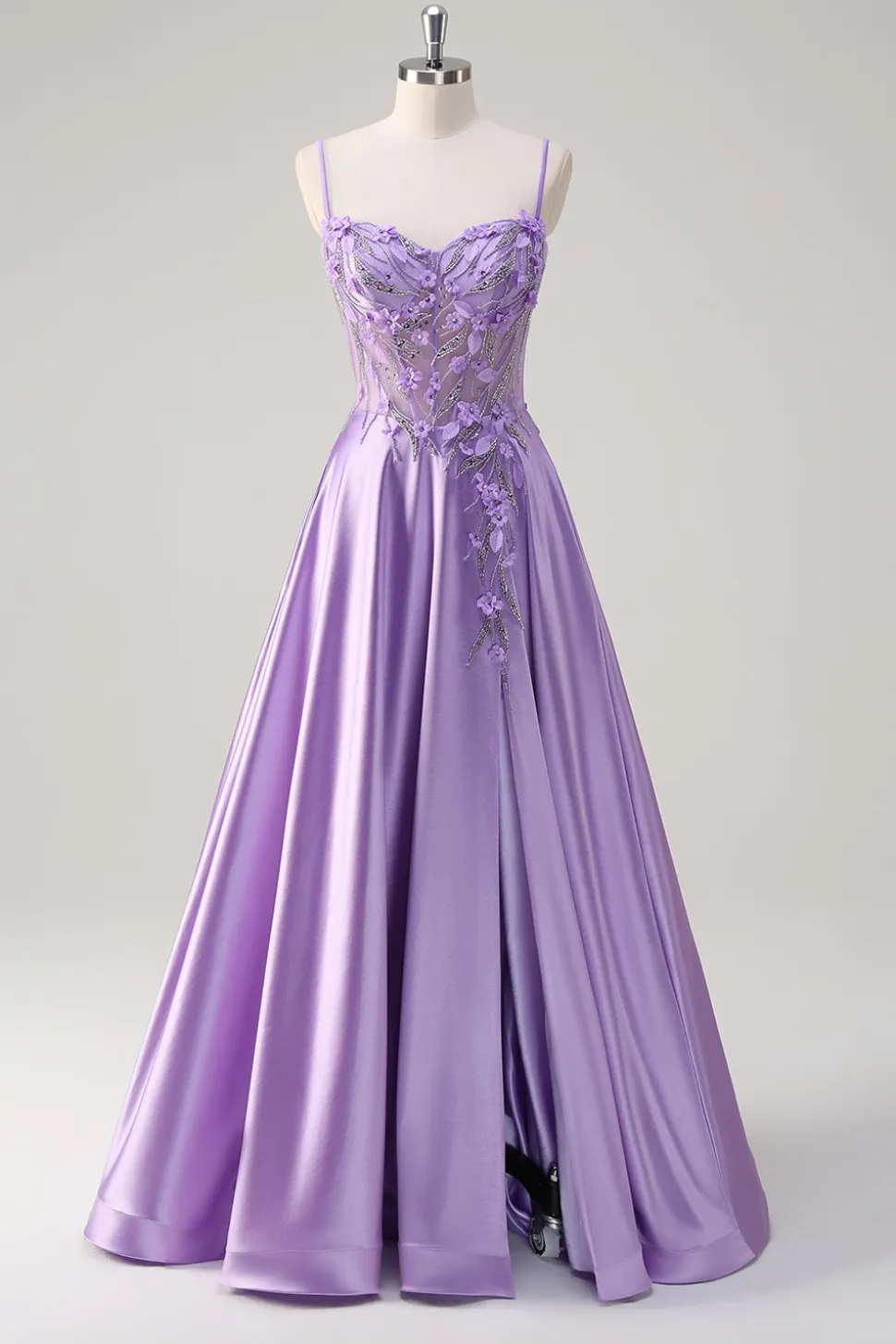 Roxo A Line Espaghetti Correias Vestido Longo Floral Baile de Formatura com Fenda