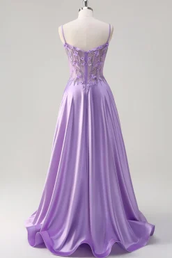 Roxo A Line Espaghetti Correias Vestido Longo Floral Baile de Formatura com Fenda