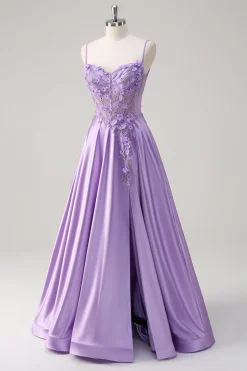 Roxo A Line Espaghetti Correias Vestido Longo Floral Baile de Formatura com Fenda