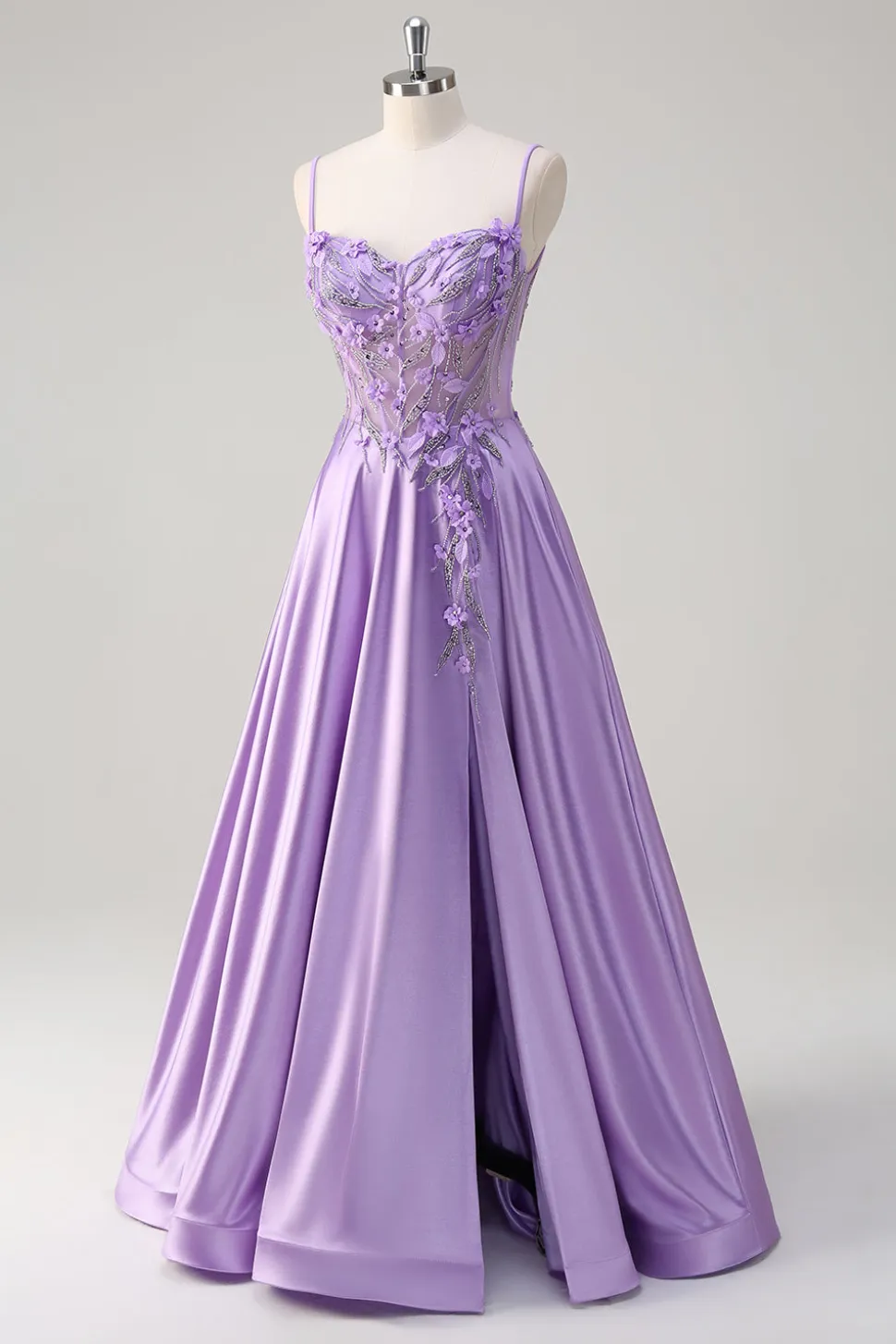 Roxo A Line Espaghetti Correias Vestido Longo Floral Baile de Formatura com Fenda