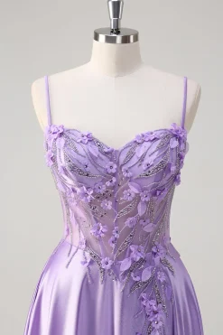 Roxo A Line Espaghetti Correias Vestido Longo Floral Baile de Formatura com Fenda