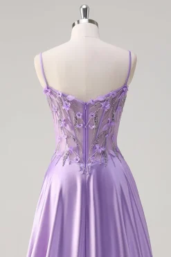 Roxo A Line Espaghetti Correias Vestido Longo Floral Baile de Formatura com Fenda