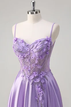 Roxo A Line Espaghetti Correias Vestido Longo Floral Baile de Formatura com Fenda