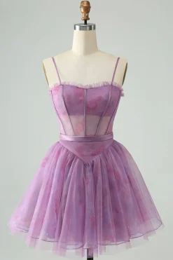 Roxo A Line Espaghetti Correias Espartilho Floral Vestido Curto Homecoming