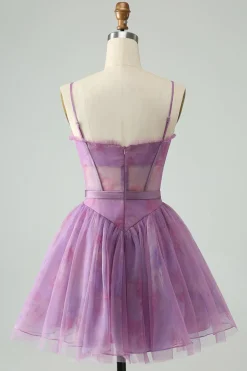 Roxo A Line Espaghetti Correias Espartilho Floral Vestido Curto Homecoming