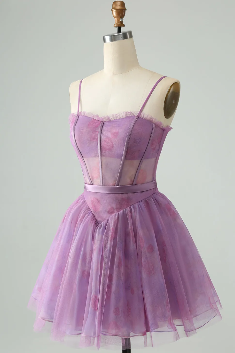 Roxo A Line Espaghetti Correias Espartilho Floral Vestido Curto Homecoming