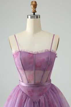 Roxo A Line Espaghetti Correias Espartilho Floral Vestido Curto Homecoming