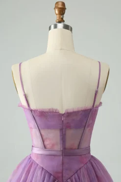 Roxo A Line Espaghetti Correias Espartilho Floral Vestido Curto Homecoming