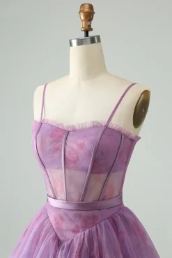Roxo A Line Espaghetti Correias Espartilho Floral Vestido Curto Homecoming