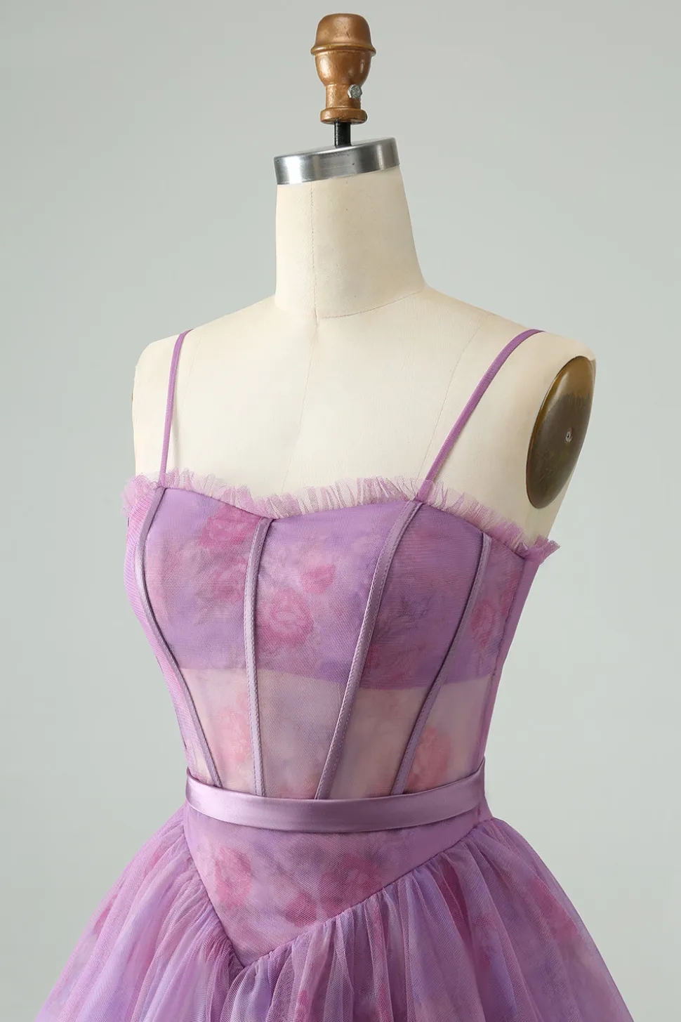 Roxo A Line Espaghetti Correias Espartilho Floral Vestido Curto Homecoming