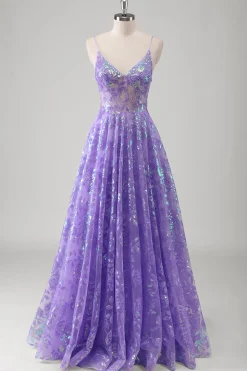 Roxo A Line Espaghetti Correias Long Printed Prom Dress Com Sequins