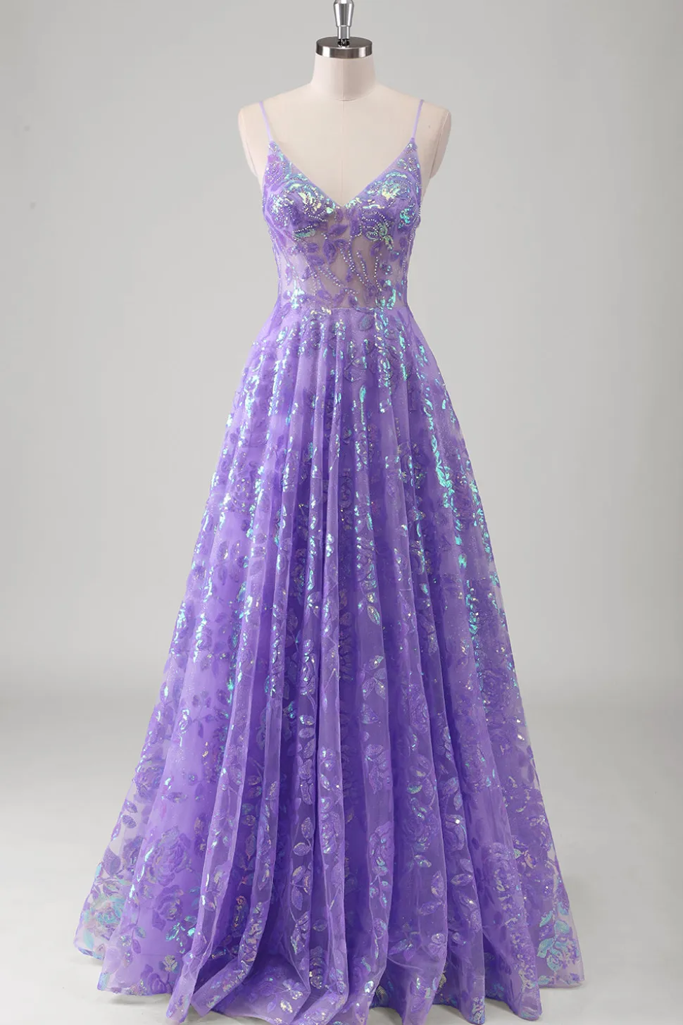 Roxo A Line Espaghetti Correias Long Printed Prom Dress Com Sequins