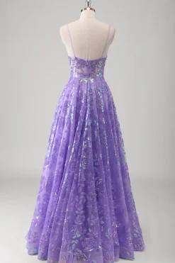 Roxo A Line Espaghetti Correias Long Printed Prom Dress Com Sequins