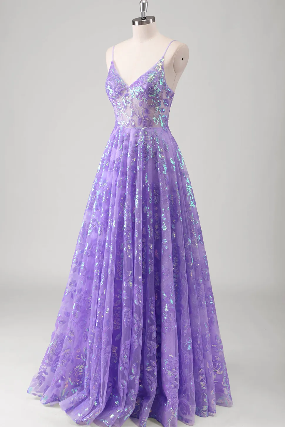 Roxo A Line Espaghetti Correias Long Printed Prom Dress Com Sequins