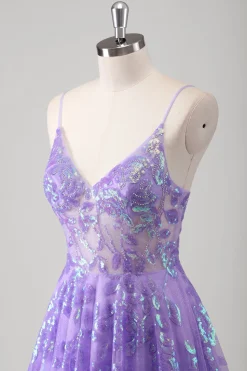 Roxo A Line Espaghetti Correias Long Printed Prom Dress Com Sequins