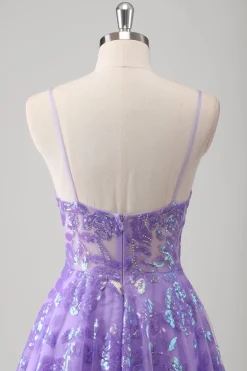 Roxo A Line Espaghetti Correias Long Printed Prom Dress Com Sequins