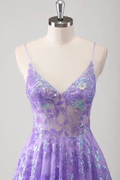 Roxo A Line Espaghetti Correias Long Printed Prom Dress Com Sequins