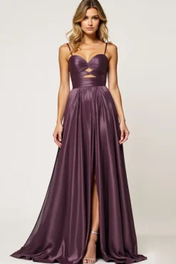 Roxo A Line Espaghetti Straps Cut out Vestido de Baile de Cetim