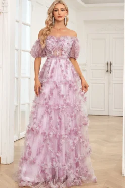 Roxo A Line Fora do Ombro Vestido de Baile