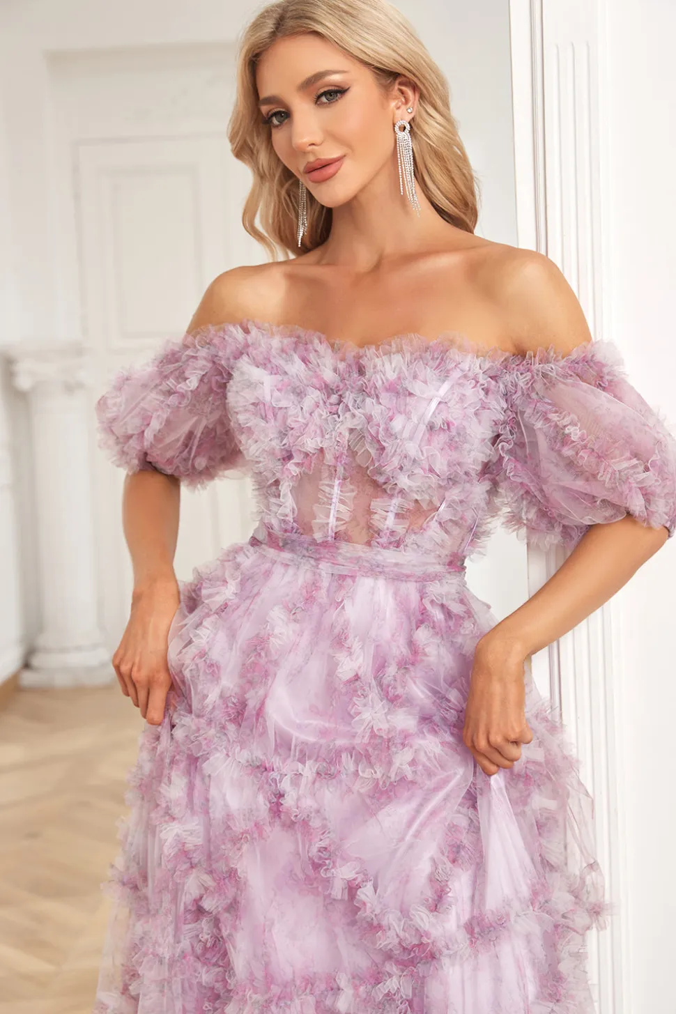 Roxo A Line Fora do Ombro Vestido de Baile