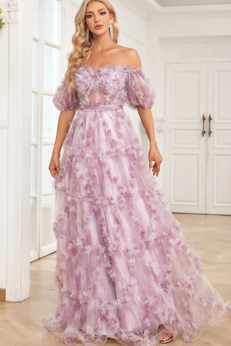 Roxo A Line Fora do Ombro Vestido de Baile