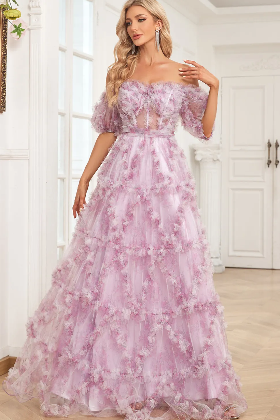Roxo A Line Fora do Ombro Vestido de Baile