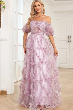 Roxo A Line Fora do Ombro Vestido de Baile